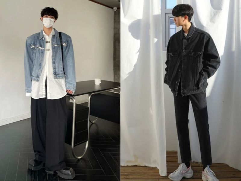 Phối đồ với áo khoác denim cho nam cao 1m8